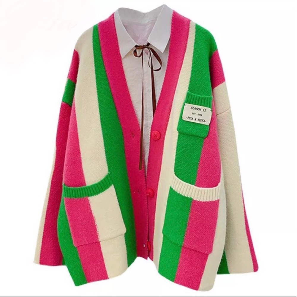 Stripe cardigan pink wide sleeve pocket sweater - Picture 9 of 13